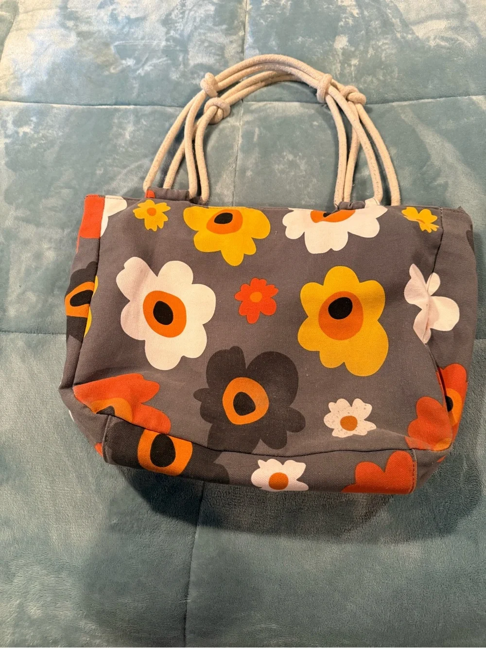 Floral Canvas Tote Bag in Gray with Yellow & Orange Accents